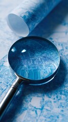 Detailed magnifying glass highlights urban map details, emphasizing exploration, navigation, and geographic research in a blue-toned setting.
