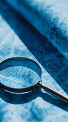 A magnifying glass focuses on a detailed map, highlighting intricate patterns and navigational elements, symbolizing exploration and discovery.