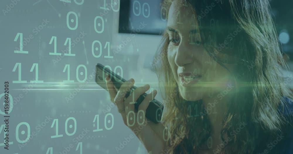 Poster woman lifting smartphone and speaking in tech desk while scrolling binary overlay intensifying