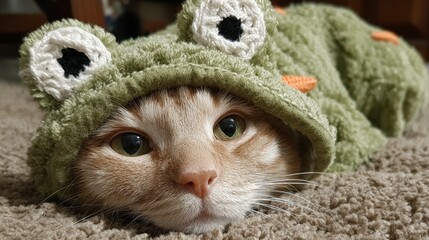 A playful hybrid creature featuring cat traits dressed in a frog-themed costume lies comfortably on a soft carpet. The cozy indoor environment emphasizes its unique charm and cuteness