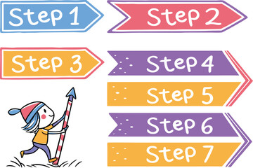 Colorful Seven-Step Infographic with Cute Cartoon Mascot and Gradient Arrows for Process Illustration