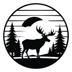 Circular illustration of a moose standing before a pine tree in a forest setting