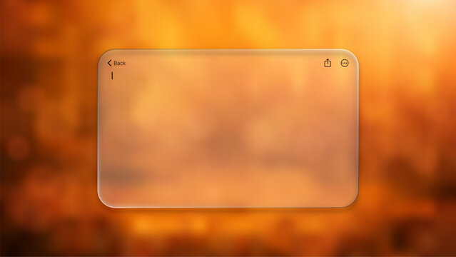 Transparent glass user interface with back button and ellipsis on blurred autumn background liquid glass effect. Modern design
