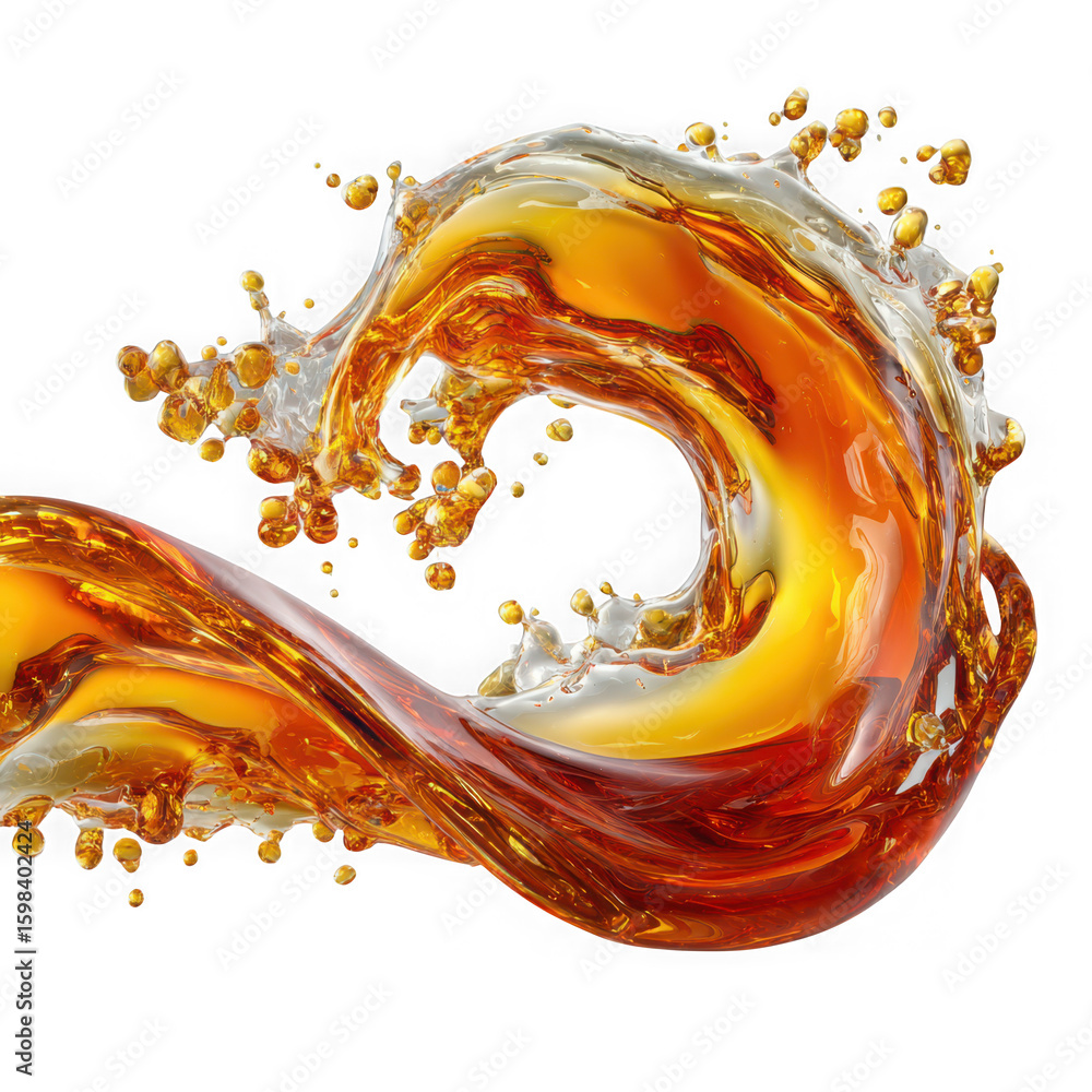 Poster a dynamic amber liquid splash forms an abstract wave against a transparent background