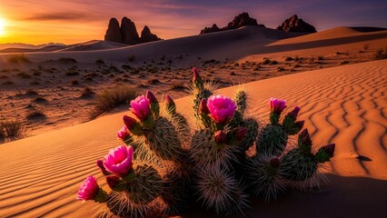 Vibrant Pink Cactus Blooms in a Desert Landscape at Sunset