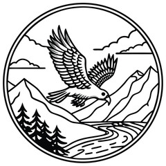 Majestic eagle soaring over rugged mountains in a circular emblem
