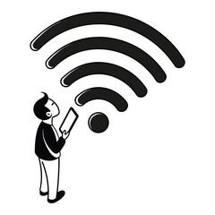 Curious cartoon character searching for Wi-Fi signal with tablet device