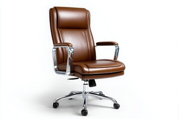 Executive brown leather office chair with chrome accents isolated on white background