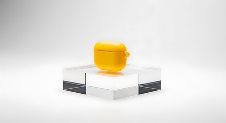 Vibrant Yellow Earbud Case on Clear Acrylic Pedestal, Minimalist Product Photography.