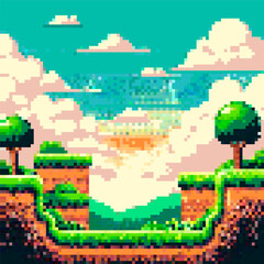Fototapeta premium Colorful, pixel art scene reminiscent of classic 2D video games. The landscape has floating grassy platforms, blocky terrain, cheerful trees, and a bright sky full of fluffy clouds.
