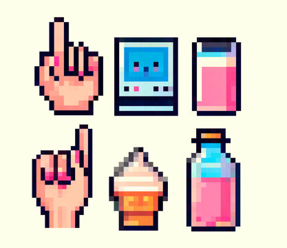 Vector illustration in pixel art style shows raised hands, retro gadgets, and drinks. Bright pink, blue, and beige tones create a nostalgic, playful vibe with blocky, geometric shapes.