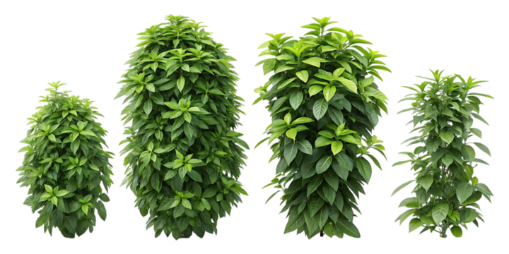 Four green lush plants of varying heights isolated on transparent background