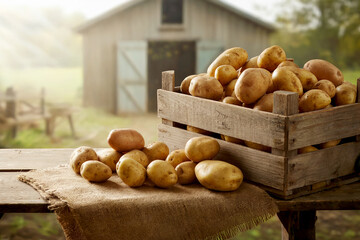 Freshly harvested potatoes in wooden crate outside rustic barn