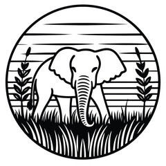 Charming elephant illustration with a vibrant african savanna landscape and grassy elements