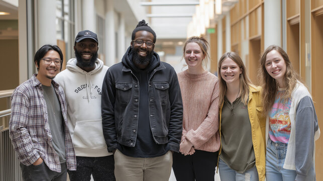 Diverse group of students are smiling in hallway together and feeling cheerful, radiating joy, wearing casual clothes