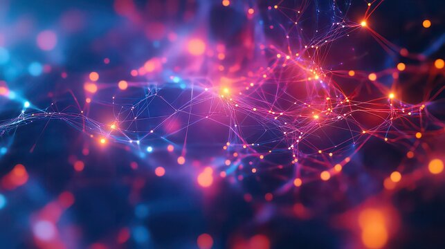 Abstract network of interconnected nodes with glowing lights in purple and orange tones visible