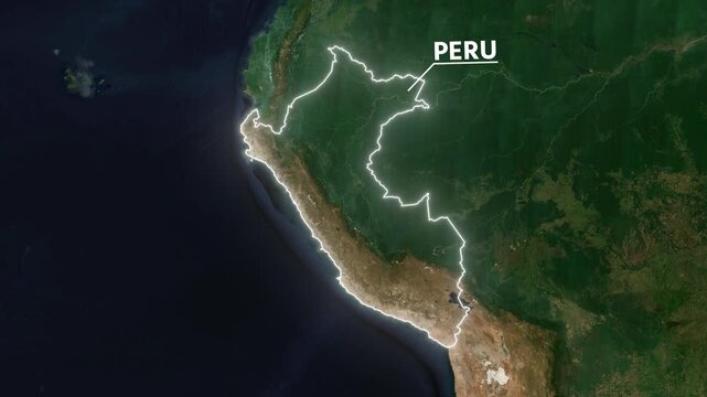 Zoom from Earth to Peru. Glow outline map animation satellite view with highlighted country borders. Cinematic documentary 3d world map animation highlights aerial views, tourism, and travel. 4k
