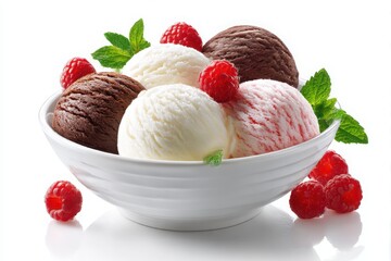 Assortment of ice cream scoops with raspberries and mint leaves isolated on white background