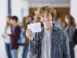 Cheerful student holds report card, radiating pride and accomplishment. This is significant moment for this young boy