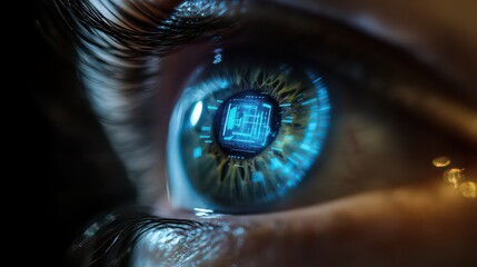 A close up of a human eye with a blue digital interface overlayed on the iris and pupil area