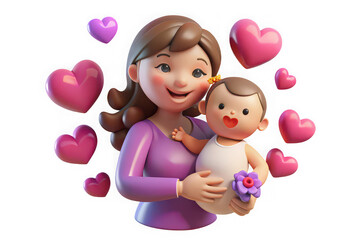 Naklejka premium Loving mother holding her baby surrounded by pink hearts