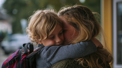 Tender hug shared between mother and child on their emotional first day of school, expressing love and reassurance