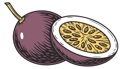Hand-painted passion fruit cut in half, displaying a vivid purple rind and golden seed-filled center, isolated on white.

