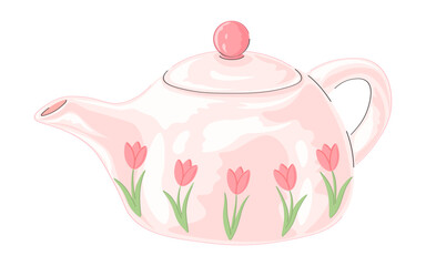 Hand drawn cute pink teapot decorated with tulip flowers isolated on white background