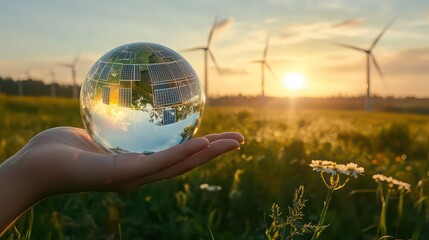 Hand holding globe reflecting solar panels and windmills at sunset in a field of flowers