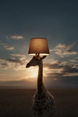 A whimsical giraffe stands in a field at sunset, humorously wearing a lampshade like a hat, under a dramatic sky.