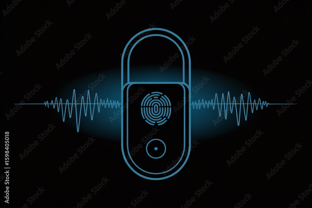 Aufkleber digital security concept with a glowing padlock and fingerprint scanner on a dark background