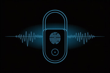 Digital security concept with a glowing padlock and fingerprint scanner on a dark background