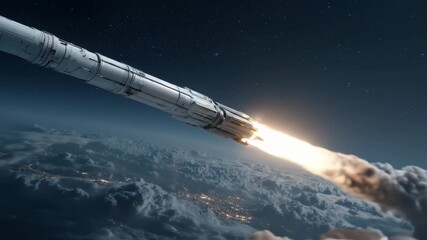 White space rocket launching into starlit sky from earth, showing powerful engine thrust and smoke. Science technology footage.