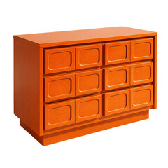 Vibrant orange vintage dresser with nine spacious drawers, showcasing a retro design aesthetic.