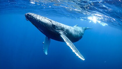 Fototapeta premium Humpback whale swims in deep blue ocean