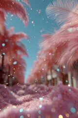 A whimsical scene of pink feathers and sparkling particles under a blue sky, evoking a dreamlike fantasy atmosphere.