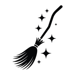 Obraz premium Silhouette of Broomstick with Sparkles – Witch Tool Vector, Isolated Black and White