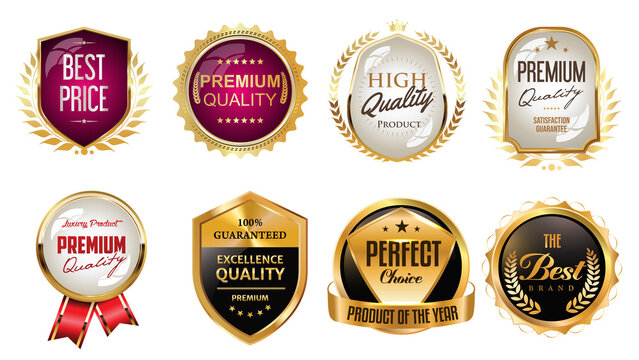 Luxury Badges Featuring Premium, Best Seller, and Quality Guarantee Labels : Elegant gold and red seals displaying premium quality, best product, best price, and guaranteed 