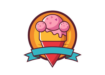 Fototapeta premium Sweet strawberry ice cream cone emblem with ribbon