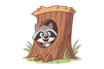 Cute cartoon raccoon peeking out of a hollow tree trunk with grass around it isolated on white background silhouette © Sujuki