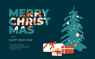 Merry Christmas and Happy new year greeting mailing card. Vector illustration of decorated сhristmas tree, gift boxes and text template. Holiday postcard, ad banner, poster, design element, invitation