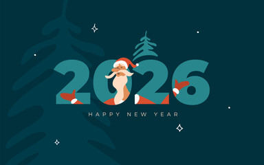 Happy 2026 new year greeting mailing card. Vector illustration of Santa Claus looking out from numbers throwing up hands. Holiday Christmas postcard. Banner, poster, graphic design element, invitation
