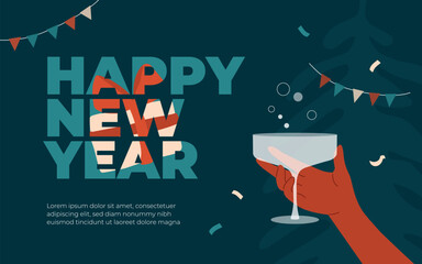 Happy new year greeting mailing card. Vector illustration of human hand holding champagne or wine drink glasse. Holiday Christmas postcard template. Banner, poster, graphic design element, invitation