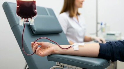 Blood Donation: In a modern medical setting, a person is donating blood, the life-giving fluid, to a waiting bag. A focused medical professional stands in the background - Powered by Adobe