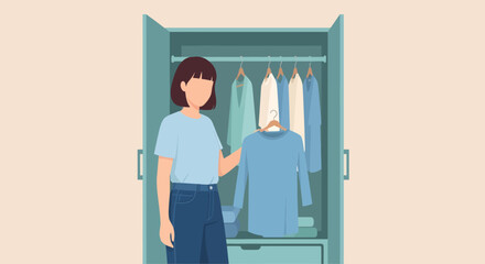Woman with Bob Haircut Choosing Light Blue Tunic from Wardrobe.