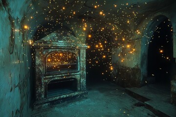Underwater oven surrounded by magical fireflies illuminating the ancient walls in a mystical setting