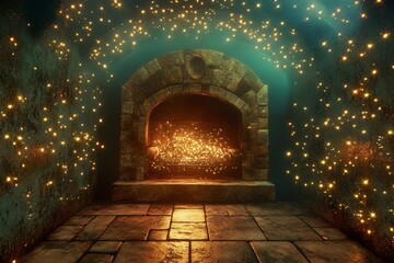 Underwater oven surrounded by magical fireflies illuminating the ancient walls in a mystical setting