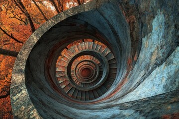 Endless spiral staircase viewed from above, showcasing a mesmerizing architectural design in a historic building