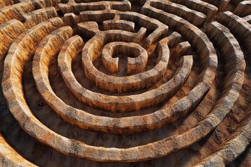 Intricate stone labyrinth nestled among greenery invites exploration and curiosity on a sunny day