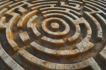 Intricate stone labyrinth nestled among greenery invites exploration and curiosity on a sunny day